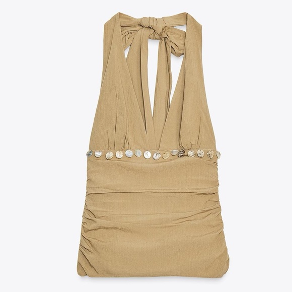 Zara NWT Bohemian Beach Resort Wear Tan V Neck Sea Shell Halter Top (Medium) - Picture 7 of 7